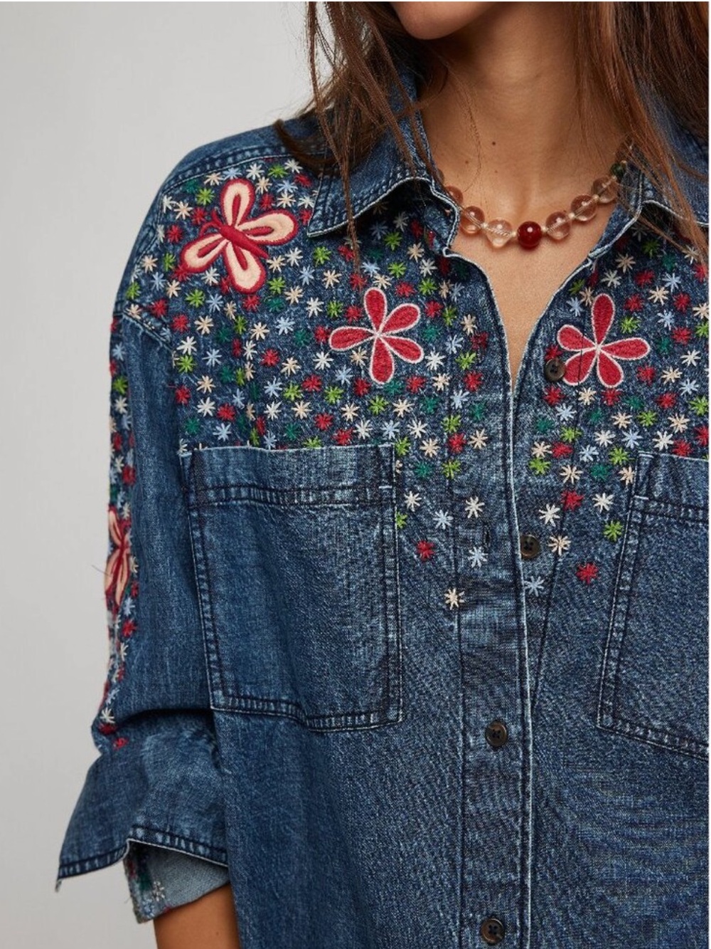 NWT FREE PEOPLE Rainbow Embroidered Denim Shirt / Rinse Wash